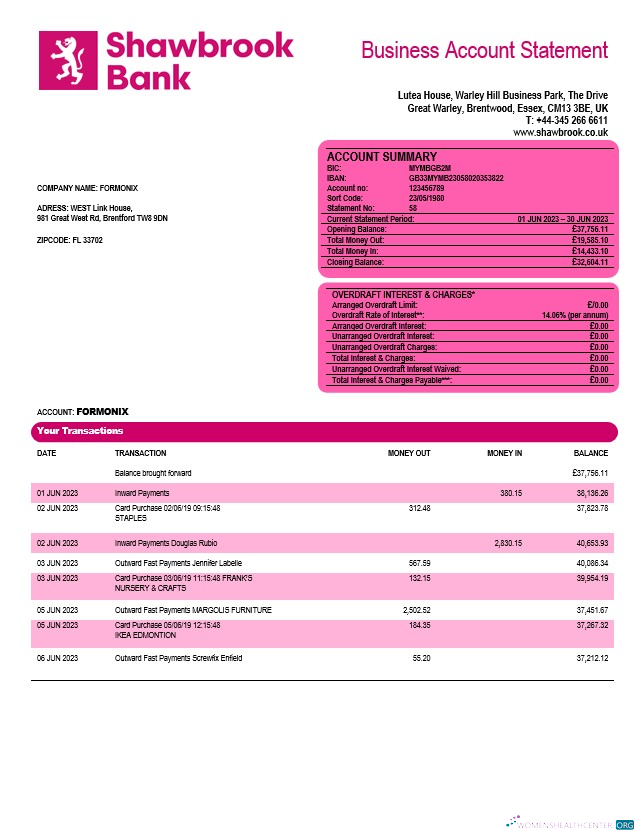 Download Shawbrook Group enterprise account statement Word and PDF template Photoshop template